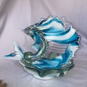 Sailfish Blown Art Glass Sculpture 10 Inch MCM Retro Aqua Ashtray Candy Dish Vtg